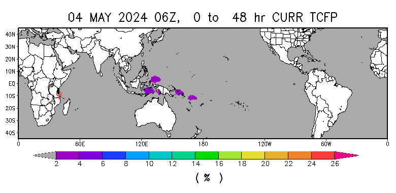 World map with the probability of tropical cyclone formation (NOAA)